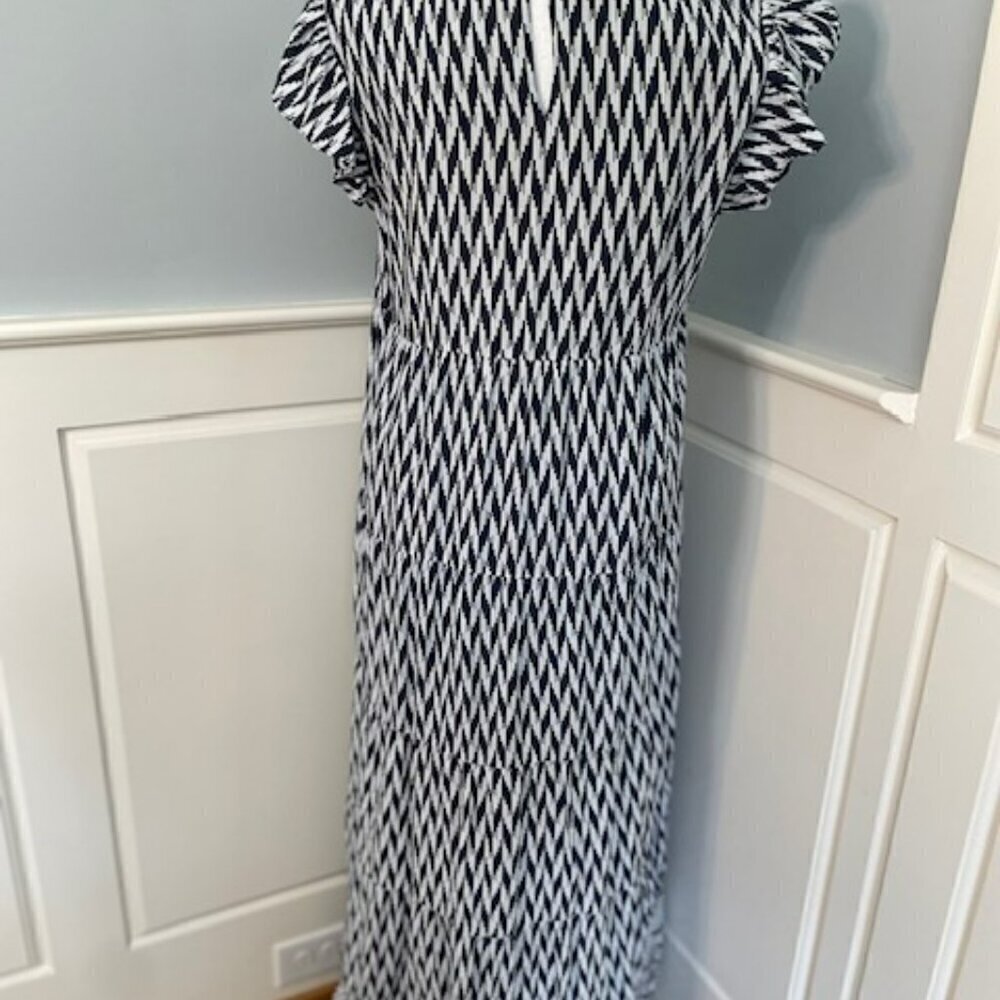 Liza Byrd Tiered Ruffled Cotton Block Print Maxi Dress Blue & White Small - Picture 5 of 7